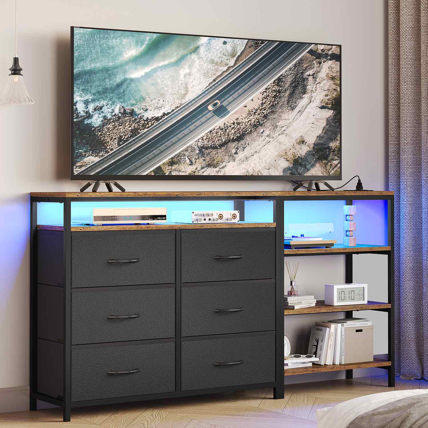 Sikaic Corner L Shaped LED TV Stand Convertible Dresser Brown