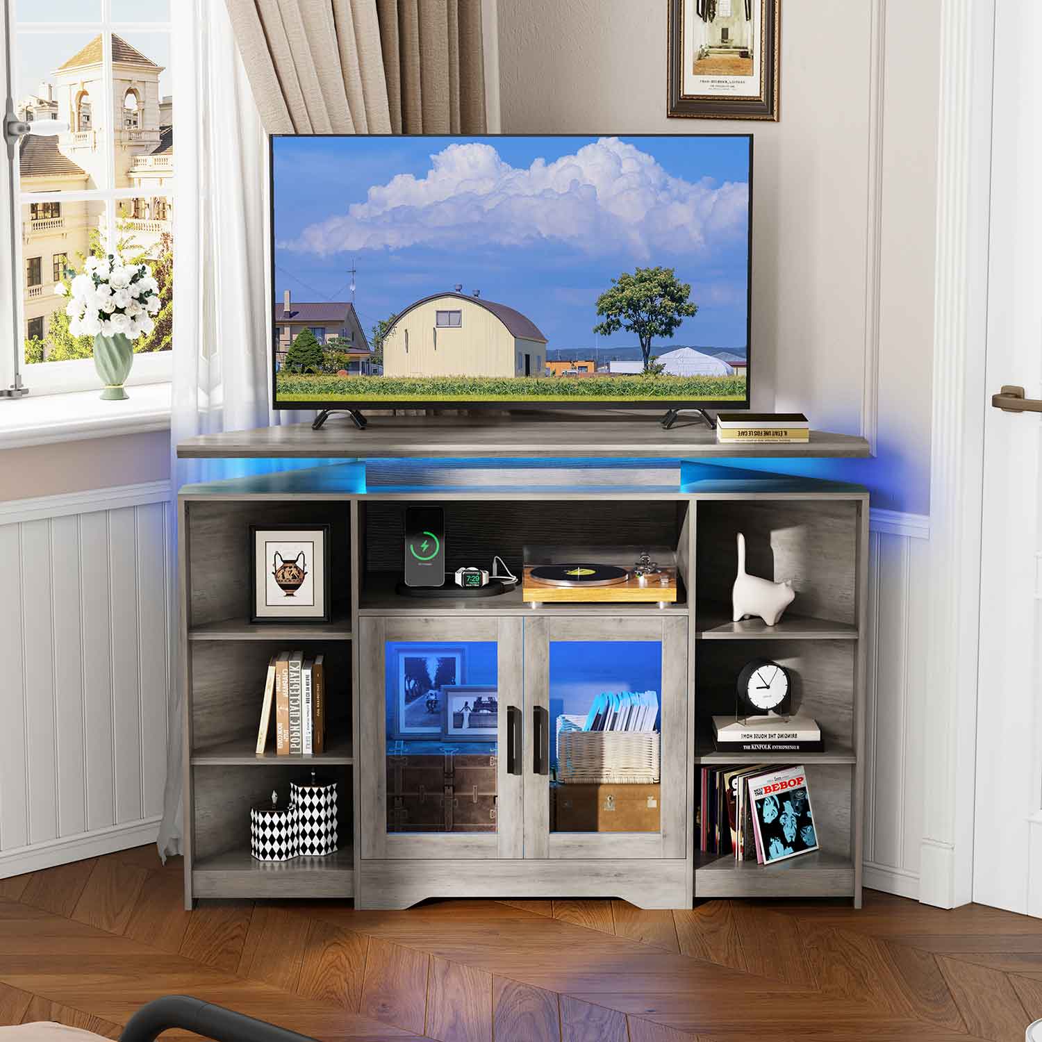 47.2 Inches LED TV Stand with 6 open cabinets and closed cabinet & Recessed Outlet Grey