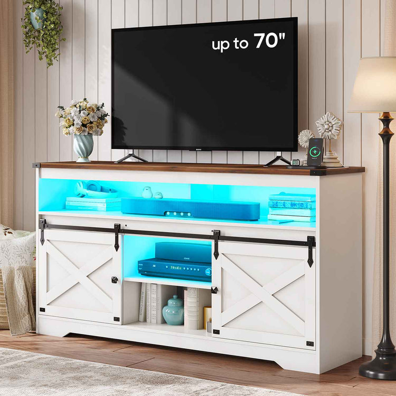 Farmhouse LED TV Stand Entertainment Center with Power Outlet and Storage Cabinet for Living Room White