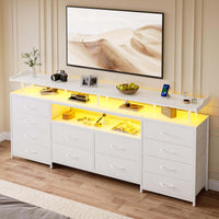 Sikaic TV Stands 63 Inches TV Stand Dresser with LED Lights and Charging Station White White / Engineered Wood / Modern