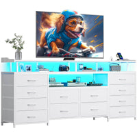 Sikaic TV Stands 63 Inches TV Stand Dresser with LED Lights and Charging Station White White / Engineered Wood / Modern