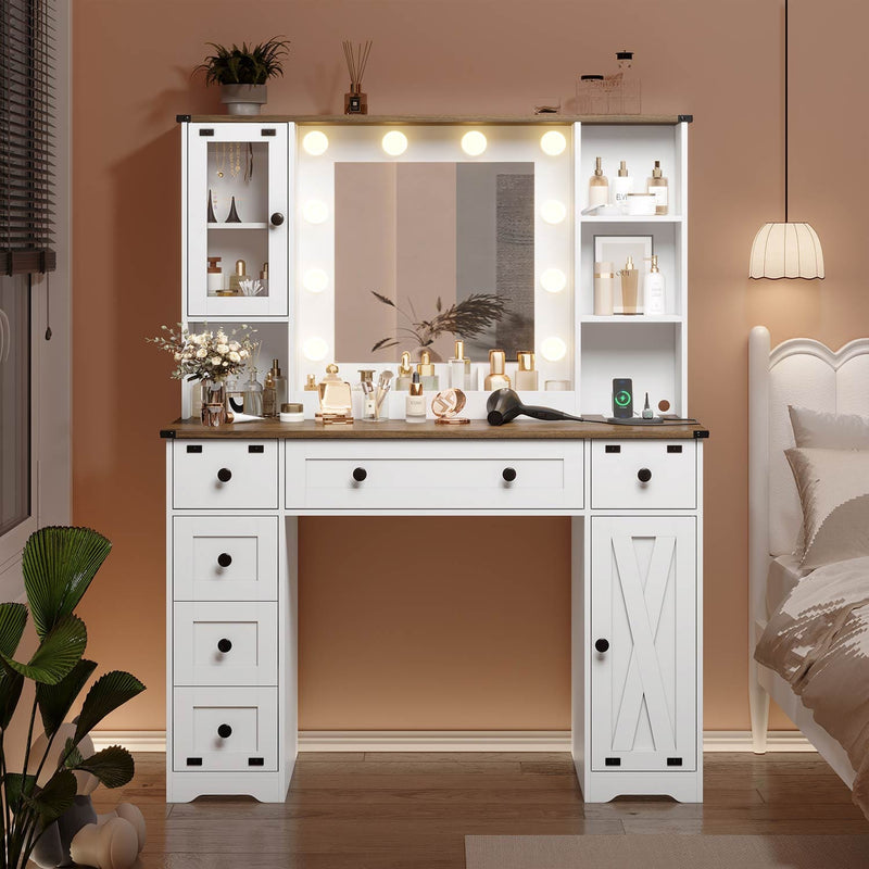 Sikaic Vanities 43 Inches Makeup Vanity with 3 Color Lighting Modes Mirror Charging Station Storage White