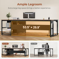 Sikaic 71 in Reversible L Shaped Executive Desk with Widen File Drawers and Power Outlets Walnut Brown Walnut Brown / Engineered Wood / Modern