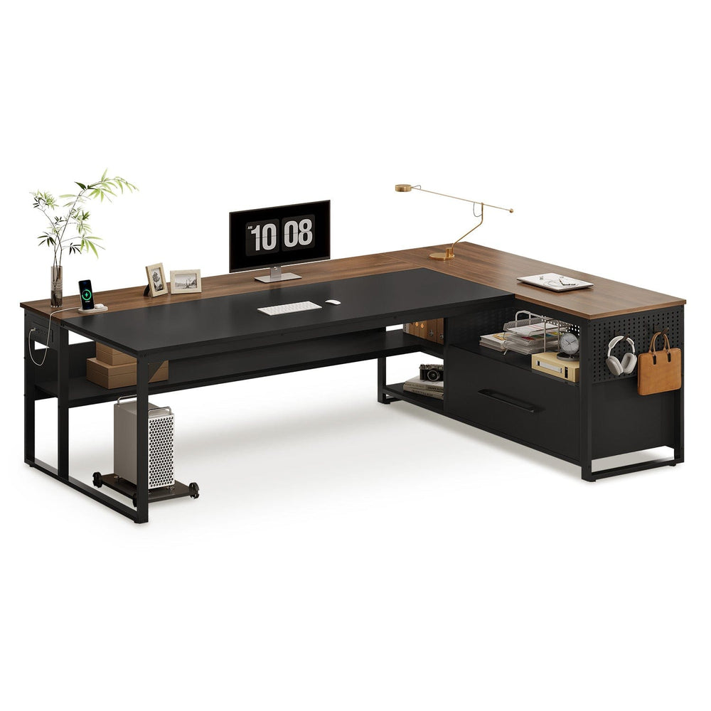 Sikaic 71 in Reversible L Shaped Executive Desk with Widen File Drawers and Power Outlets Walnut Brown Walnut Brown / Engineered Wood / Modern