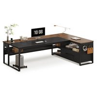 Sikaic 71 in Reversible L Shaped Executive Desk with Widen File Drawers and Power Outlets Walnut Brown Walnut Brown / Engineered Wood / Modern