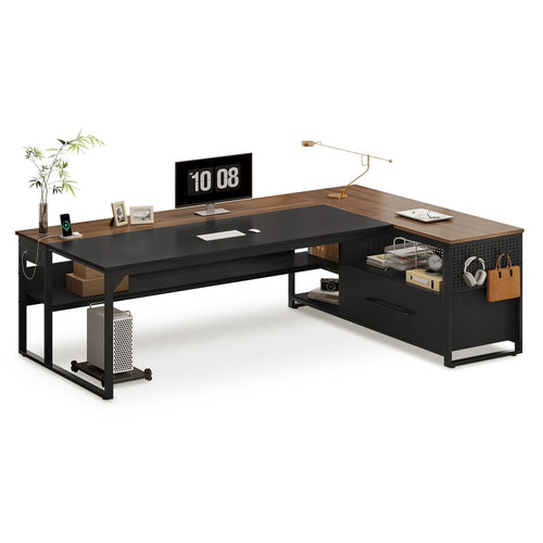 Sikaic 71 in Reversible L Shaped Executive Desk with Widen File Drawers and Power Outlets Walnut Brown Walnut Brown / Engineered Wood / Modern