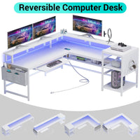 Sikaic L Shaped Reversible Gaming Desk with Power Outlets LED Strip White