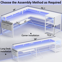 Sikaic L Shaped Reversible Gaming Desk with Power Outlets LED Strip White