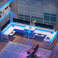 Sikaic L Shaped Reversible Gaming Desk with Power Outlets LED Strip White