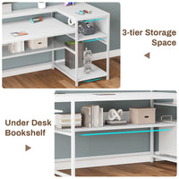 Sikaic L Shaped Reversible Gaming Desk with Power Outlets LED Strip White