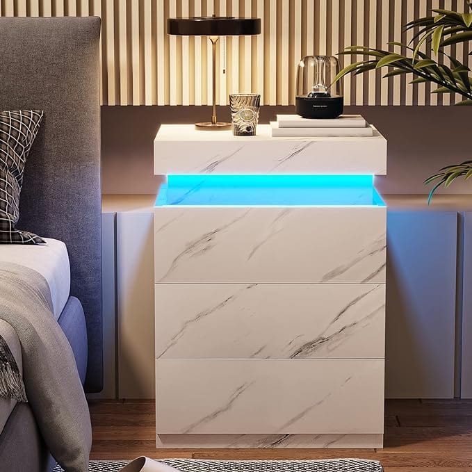 Sikaic Nightstand with Sliding Top Charging Station and LED Lights White Marble